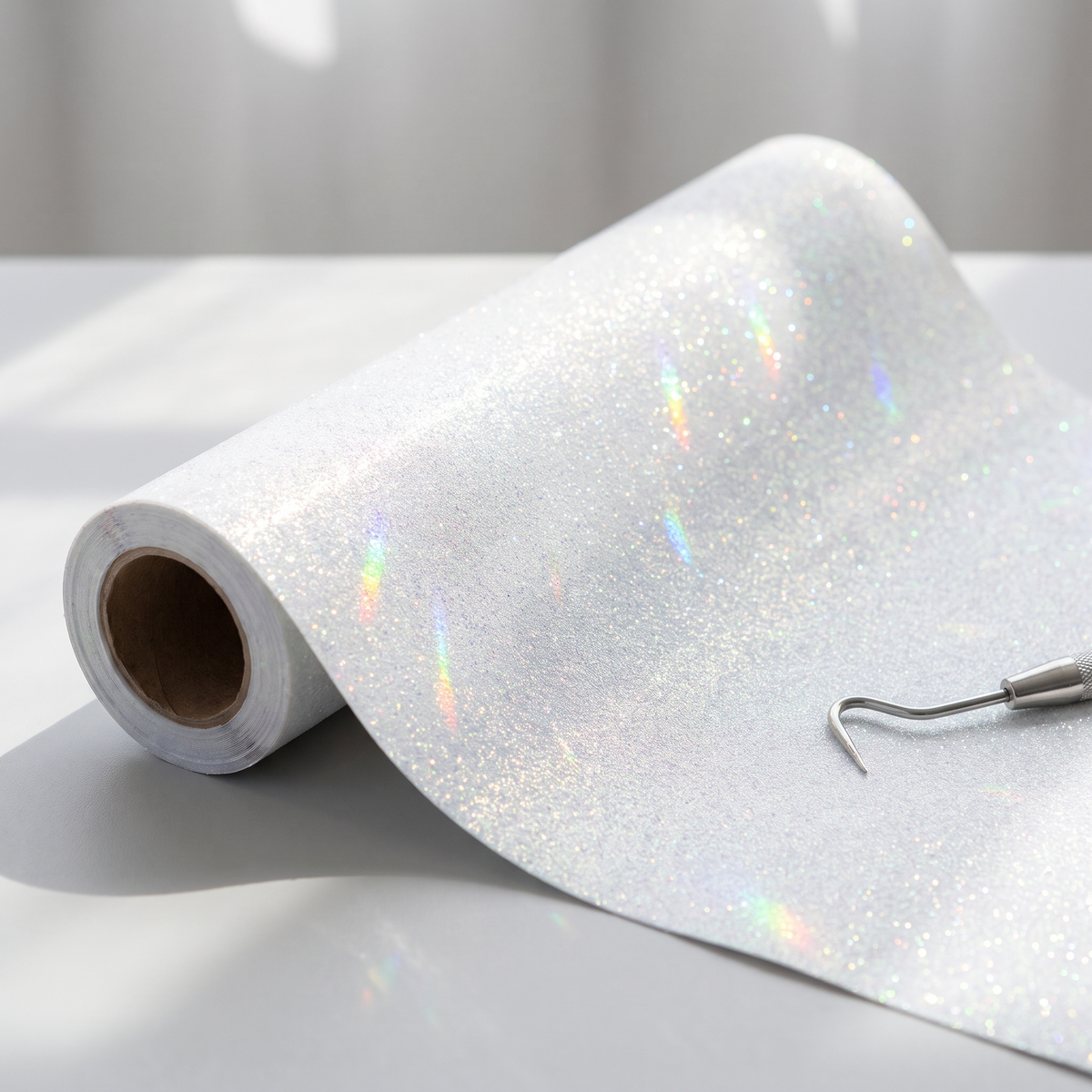 Roll of rainbow white glitter heat transfer vinyl