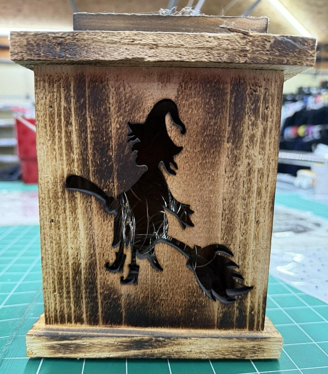 Halloween witch wood lantern, front view