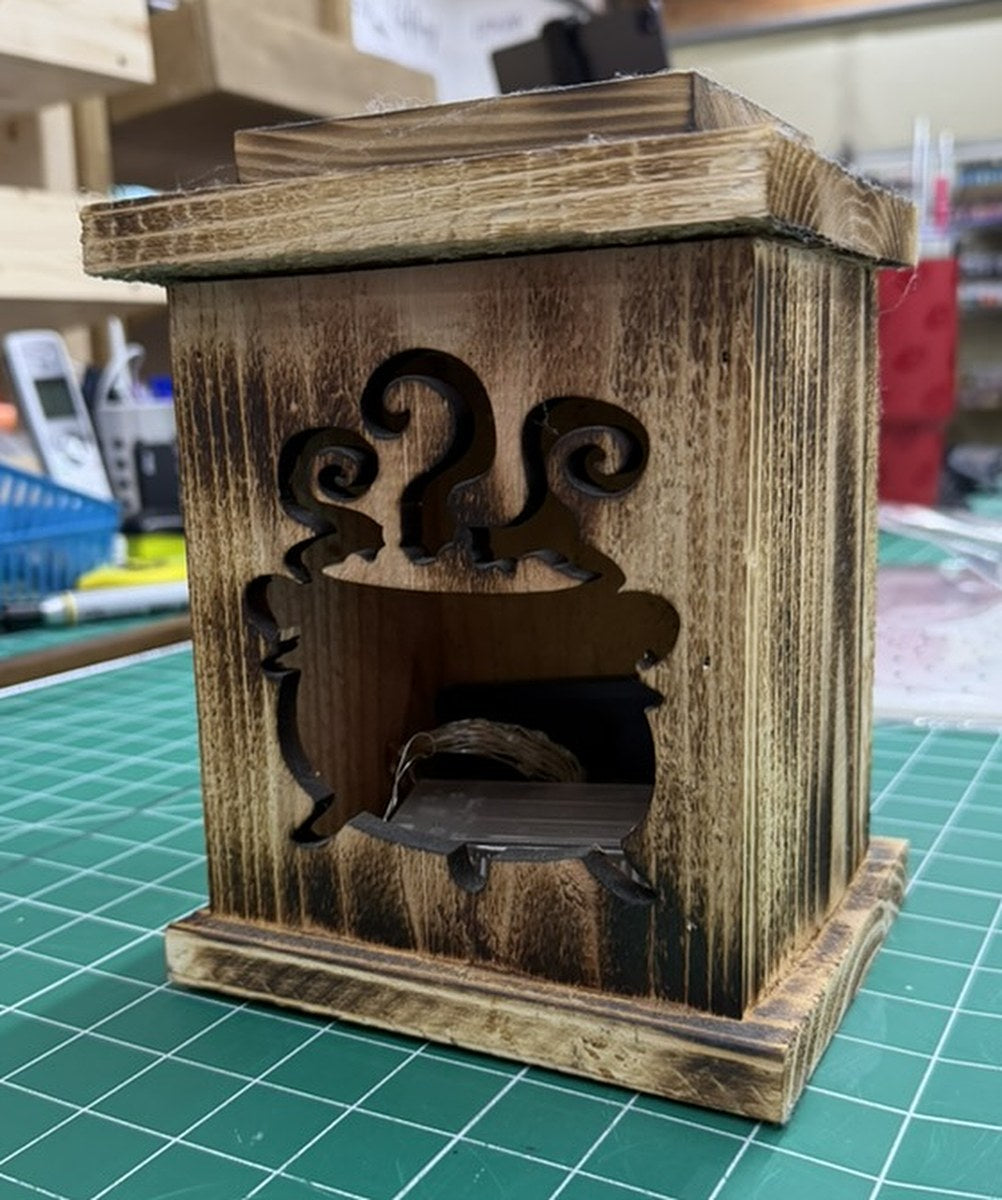 Halloween cauldron wood lantern, front view