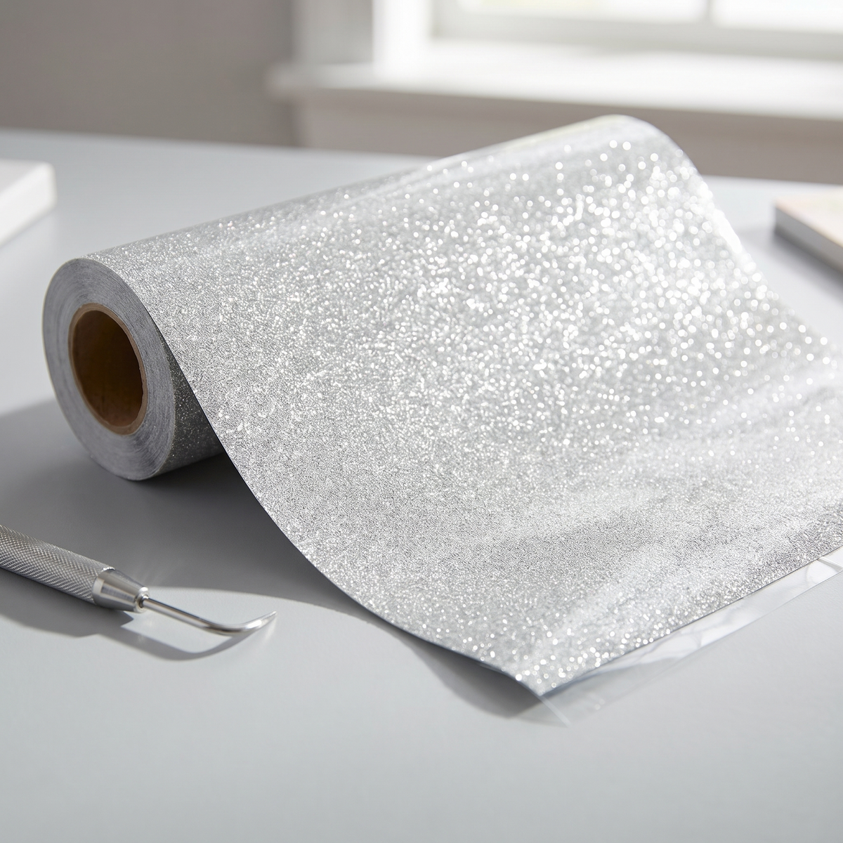 Roll of silver glitter heat transfer vinyl