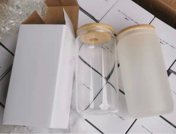 16 oz Glass Sublimation Tumbler Can Cooler with Bamboo Lids