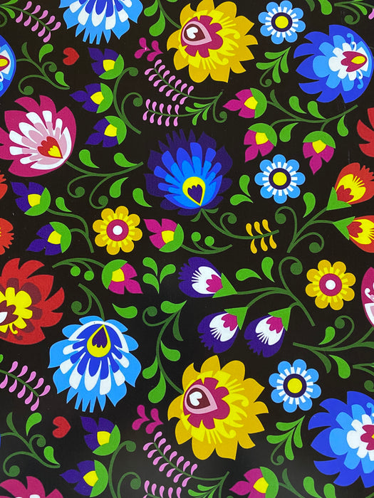 Bright Floral Flowers on Black Printed HTV