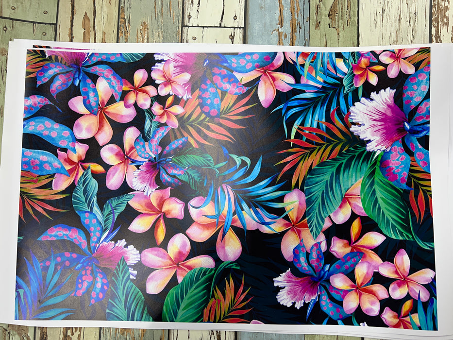 Pink and Blue Tropical Flowers on Black Printed HTV